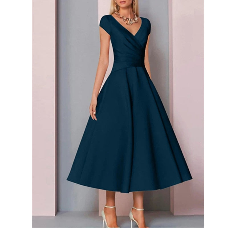 Guest Dressed-Elegant V Neck Tea Length Mother of the Bride/Groom Dress