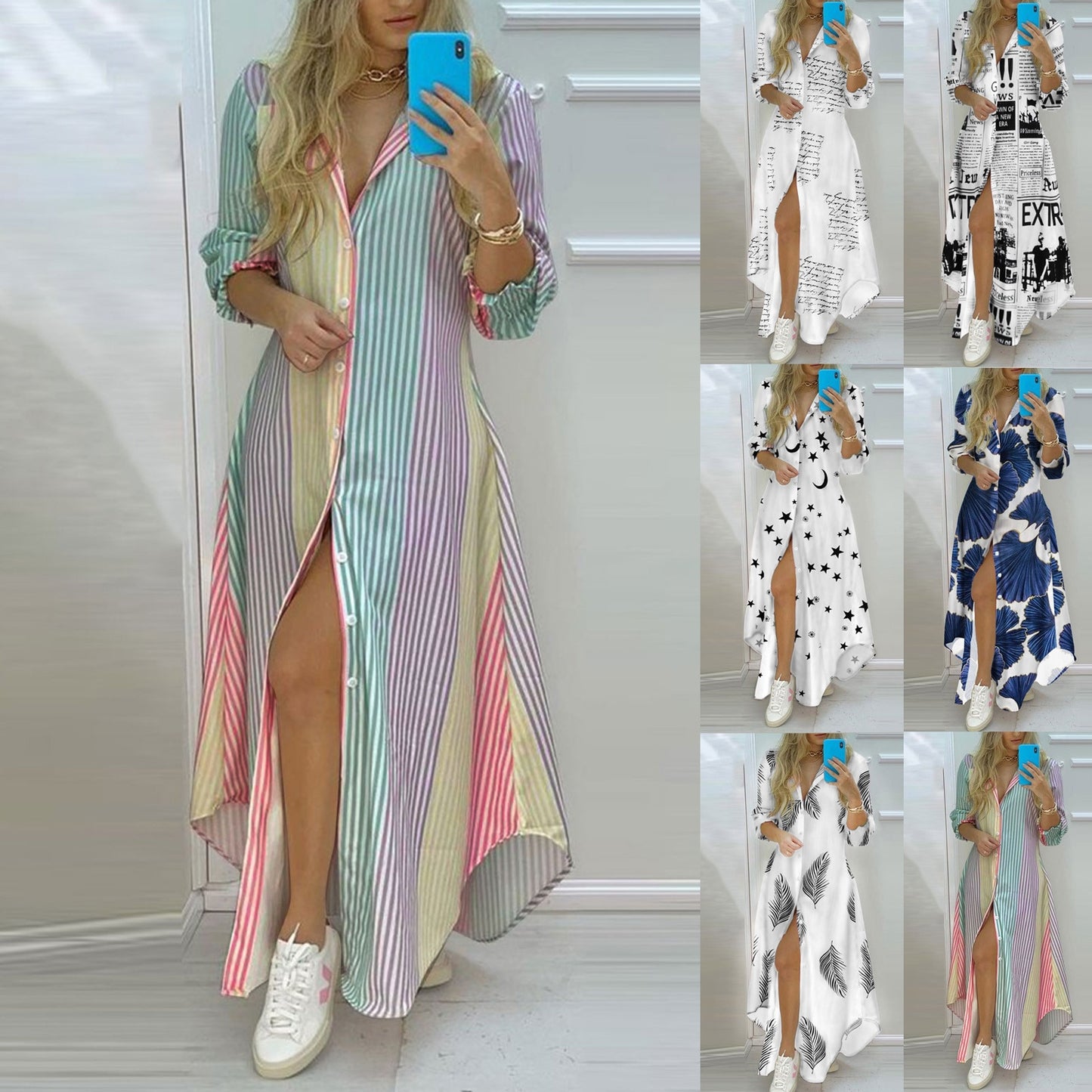 Boho Long Shirt Dress with Buttons and Various Fun Prints