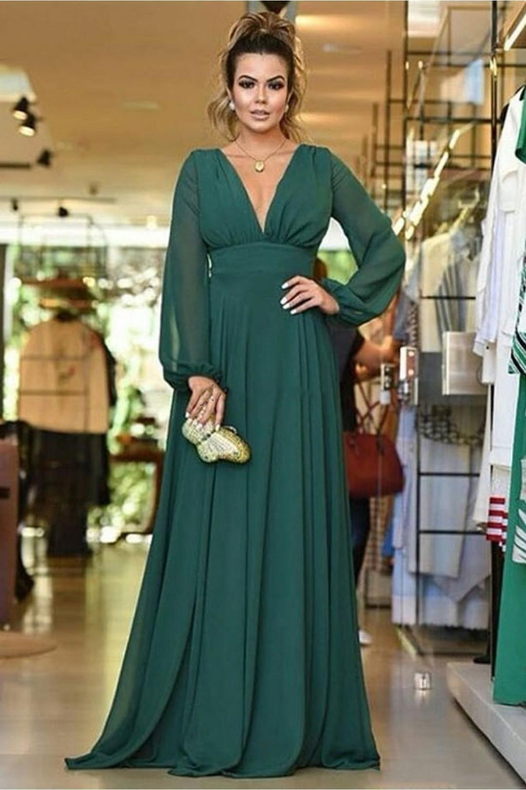Guest Dressed-Deep V-Neck Mother of the Bride/Groom Floor Length Long Sleeve Dress