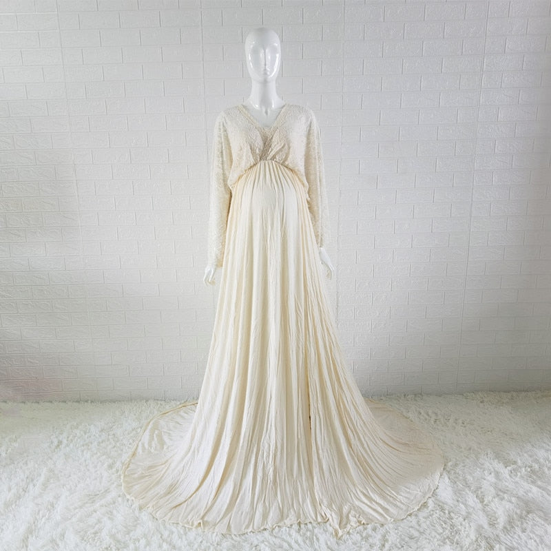 Guest Dressed-Boho Maternity Dress with Lace and Butterfly Sleeve