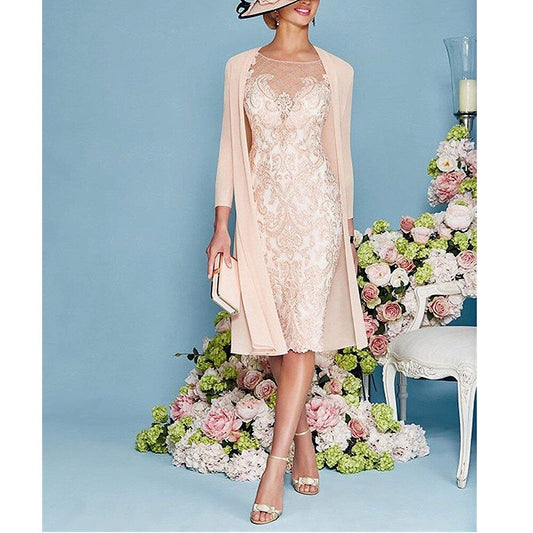 Guest Dressed-Two Piece Mother of The Bride / Groom Dress with Lace and Knee Length Jacket
