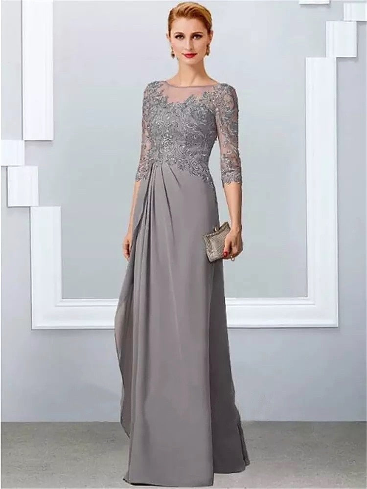 Guest Dressed-Gray Lace Mother Of Bride / Groom Dress with O-Neck and Half Sleeves Guest Dressed-Gray Lace Mother Of Bride / Groom Dress with O-Neck and Half Sleeves