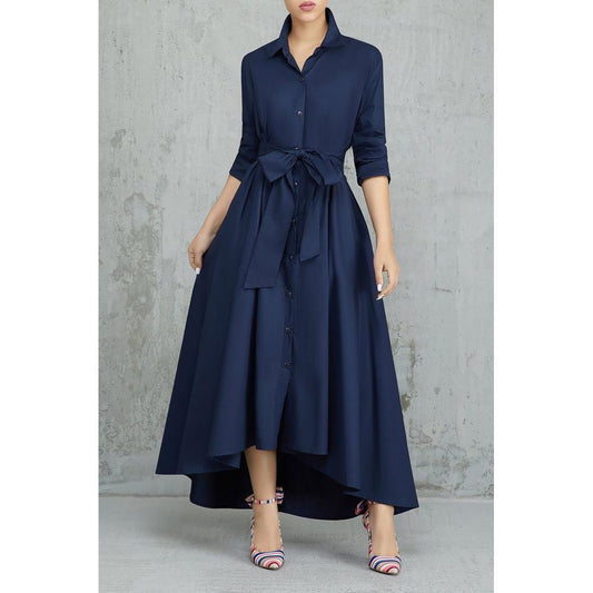 Long Shirt Dress with Turn-Down Collar, Buttons, Pocket, and Belt in Navy or White