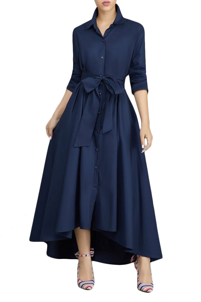 Long Shirt Dress with Turn-Down Collar, Buttons, Pocket, and Belt in Navy or White