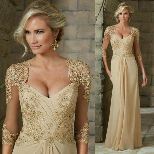 Guest Dressed-Elegant Mother of the Bride/Groom V-Neck Dress with Lace Cap Sleeves and Appliques