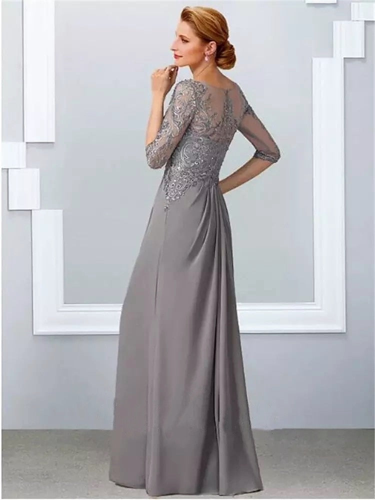 Guest Dressed-Gray Lace Mother Of Bride / Groom Dress with O-Neck and Half Sleeves