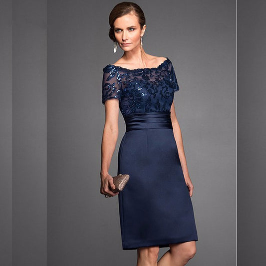Guest Dressed-Navy Blue Mother Of the Bride/Groom Dress Knee Length with Sequin