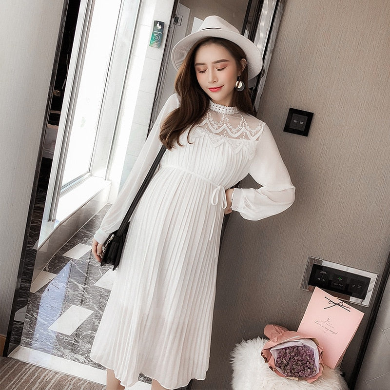 Guest Dressed-Pleated Long-Sleeve Dresses Maternity Dress