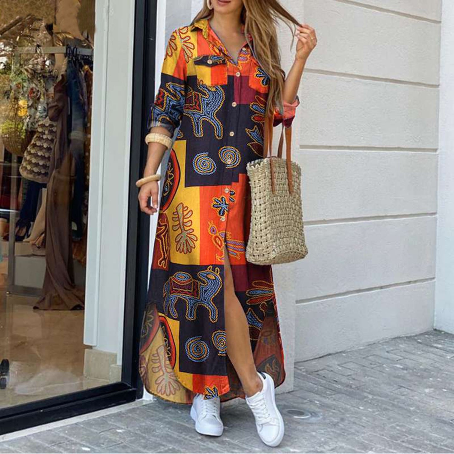 Boho Long Shirt Dress with Buttons and Various Fun Prints