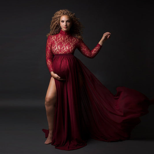 Guest Dressed-Two Piece Lace Maternity Dress in Black or Red