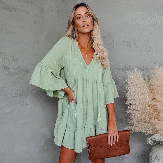 Guest Dressed-Short V-Neck Boho Maternity Dress in Green or Pink