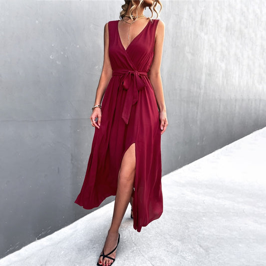 Guest Dressed-V-Neck Dress with Slit and Bow in Black, Red, Green, Rose or Blue