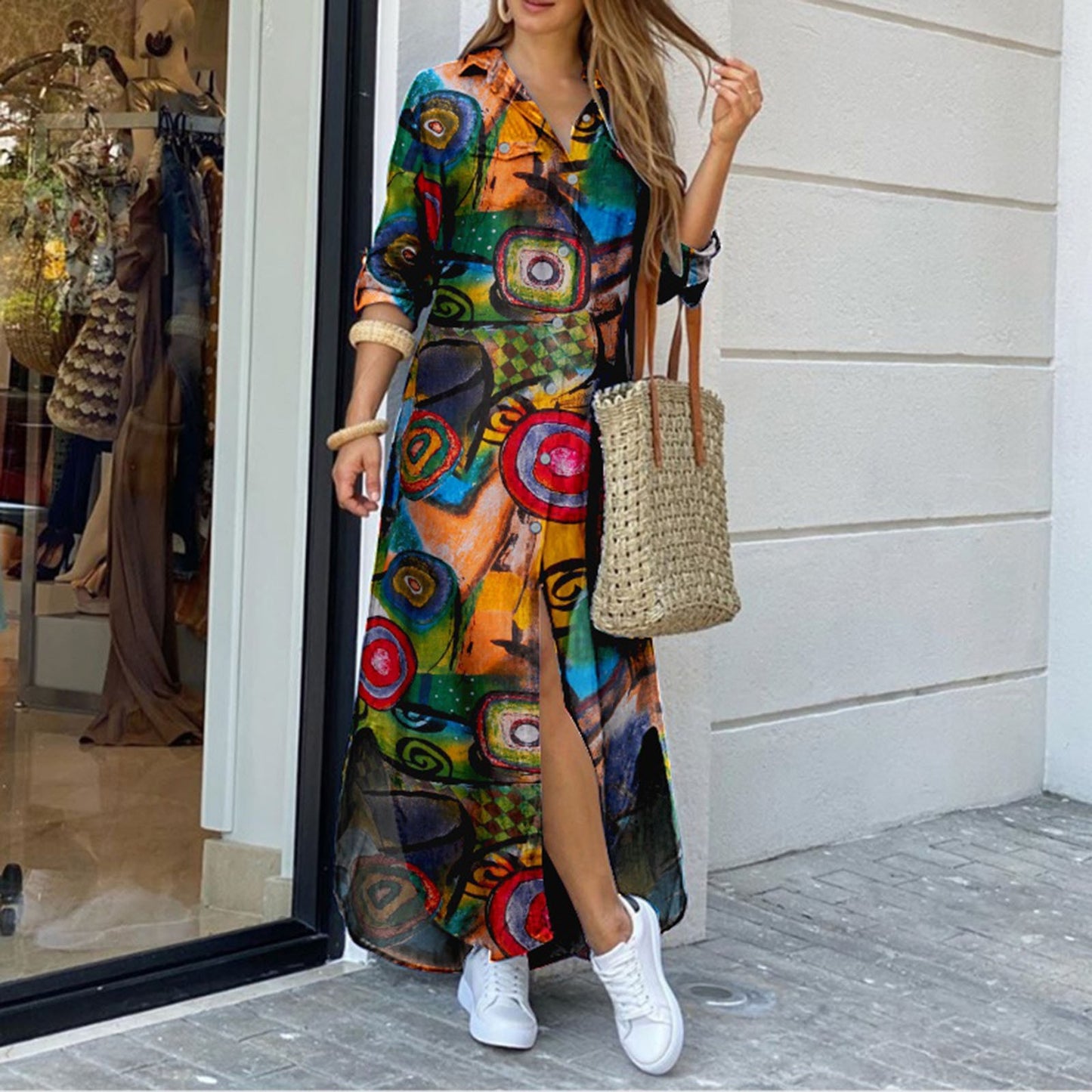 Boho Long Shirt Dress with Buttons and Various Fun Prints