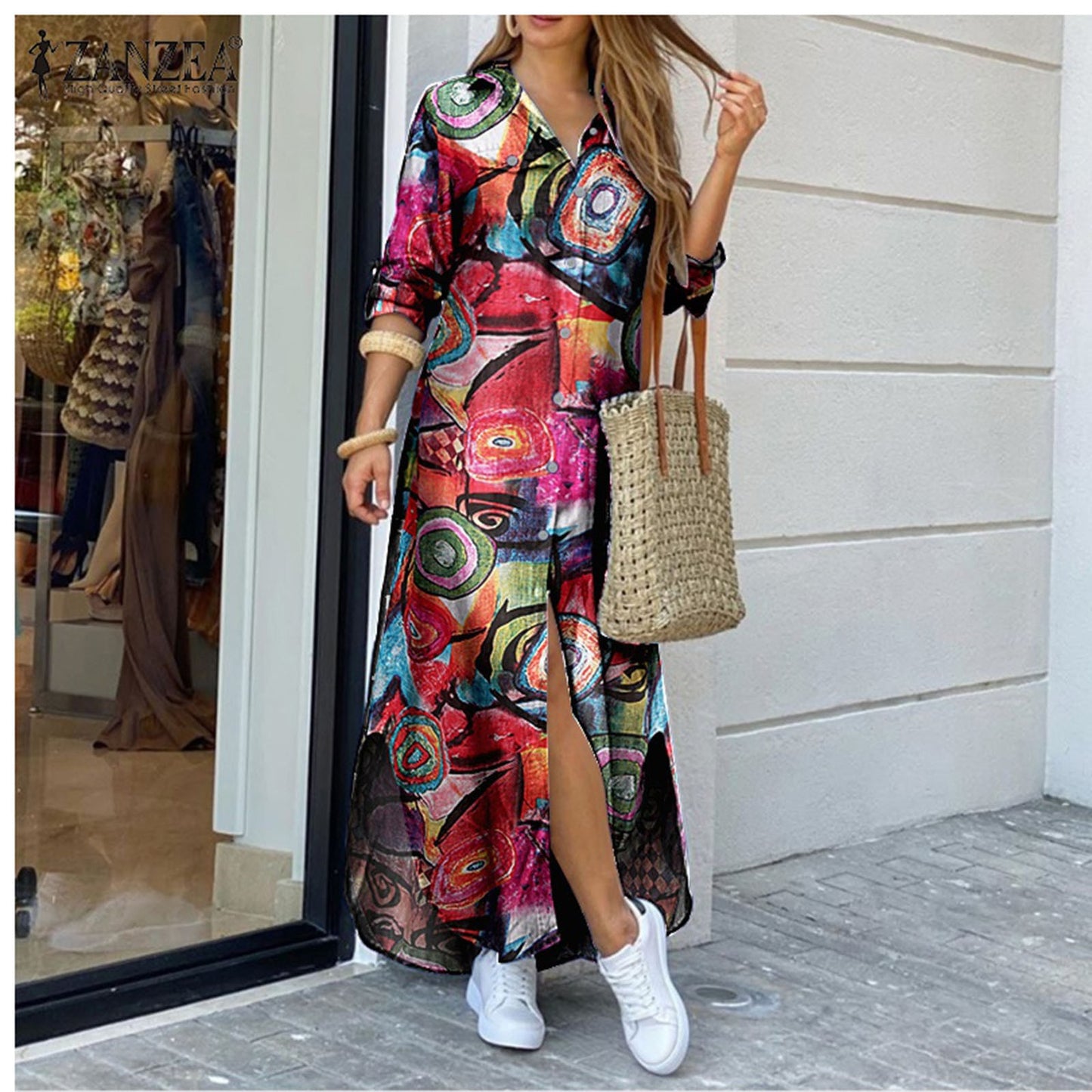 Boho Long Shirt Dress with Buttons and Various Fun Prints