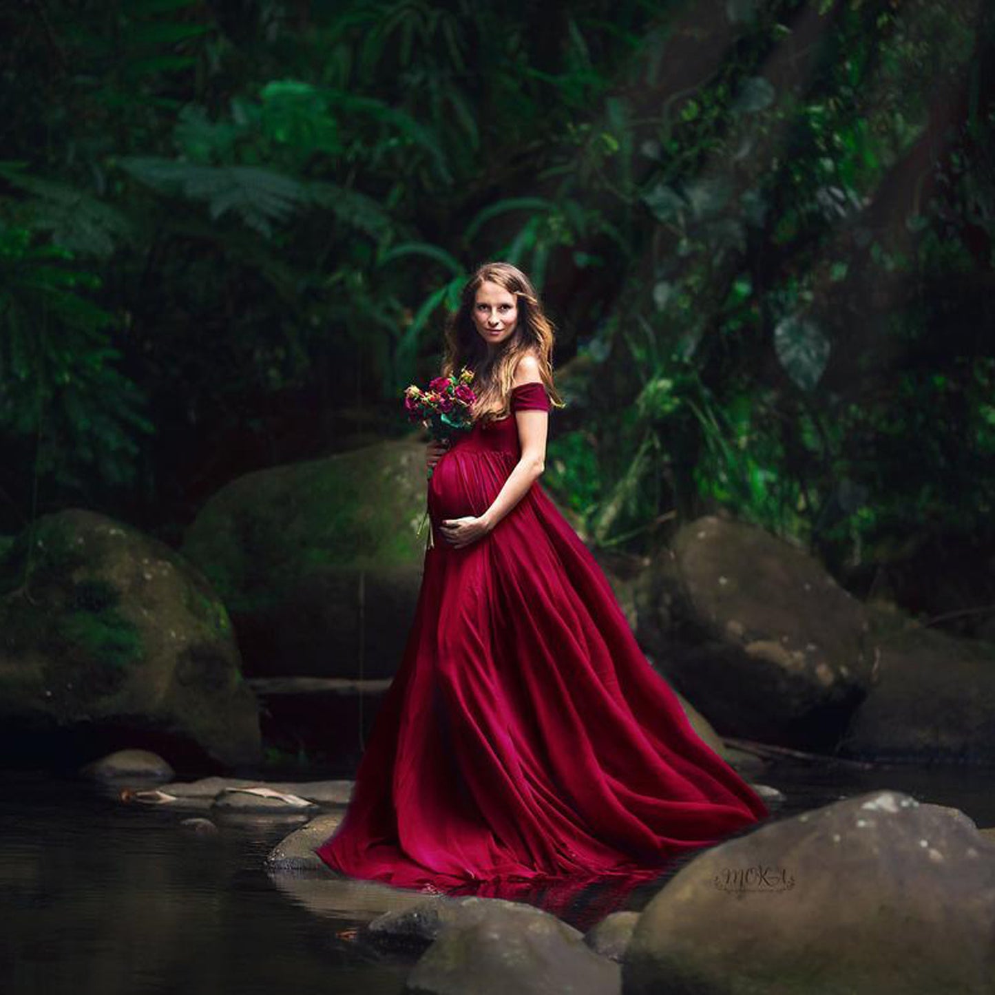 Guest Dressed-Goddess Long Off the Shoulder Maternity Dress