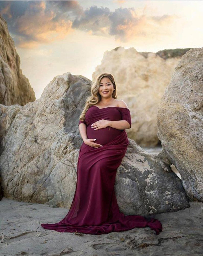 Guest Dressed-Goddess Long Off the Shoulder Maternity Dress
