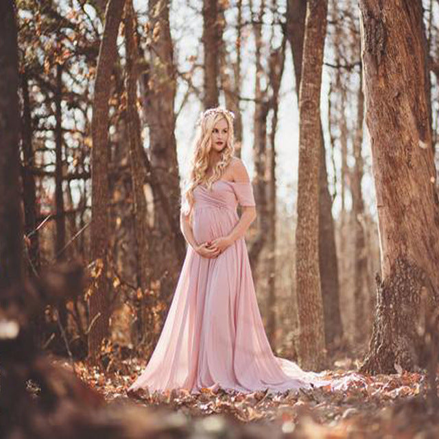 Guest Dressed-Goddess Long Off the Shoulder Maternity Dress