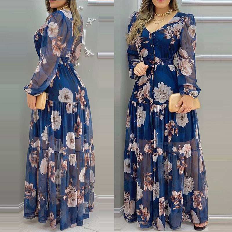 Guest Dressed-Blue Floral V-Neck Maxi Dress