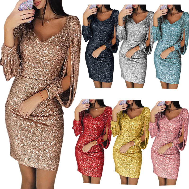 Glitter Long Sleeve Bodycon Midi Dress Wedding Guest Dress