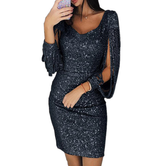 Glitter Long Sleeve Bodycon Midi Dress Wedding Guest Dress