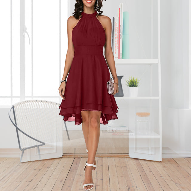 Guest Dressed-High Neck Form Fit Midi Dress with Ruffles
