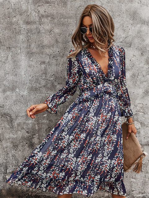 Guest Dressed-Boho Long Sleeve Floral Midi Dress