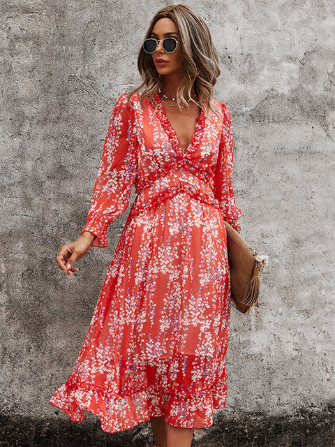 Guest Dressed-Boho Long Sleeve Floral Midi Dress