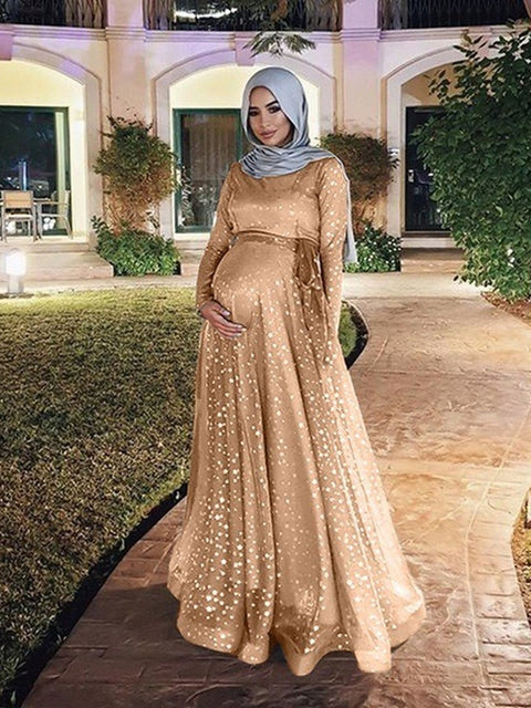 Guest Dressed-Conservative Floor-Length and Long Sleeve Maternity Dress with Sequin