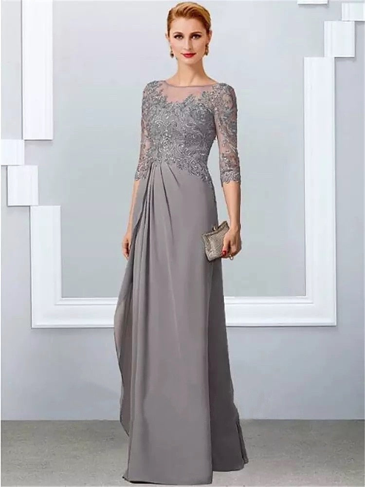 Guest Dressed-Gray Lace Mother Of Bride / Groom Dress with O-Neck and Half Sleeves
