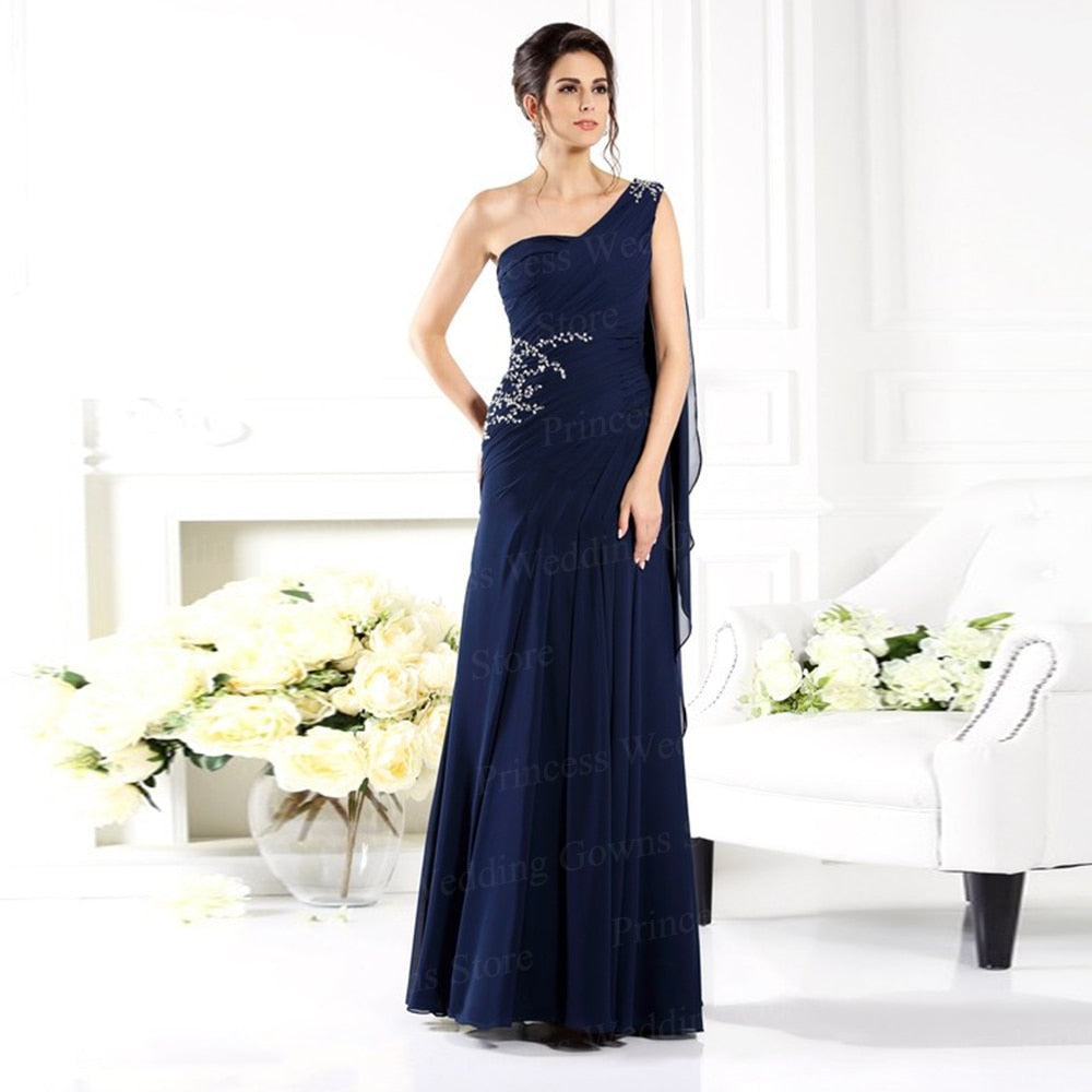 Guest Dressed-Navy Blue Floor Length One Shoulder Mother Of The Bride/Groom Dress Guest Dressed-Navy Blue Floor Length One Shoulder Mother Of The Bride/Groom Dress