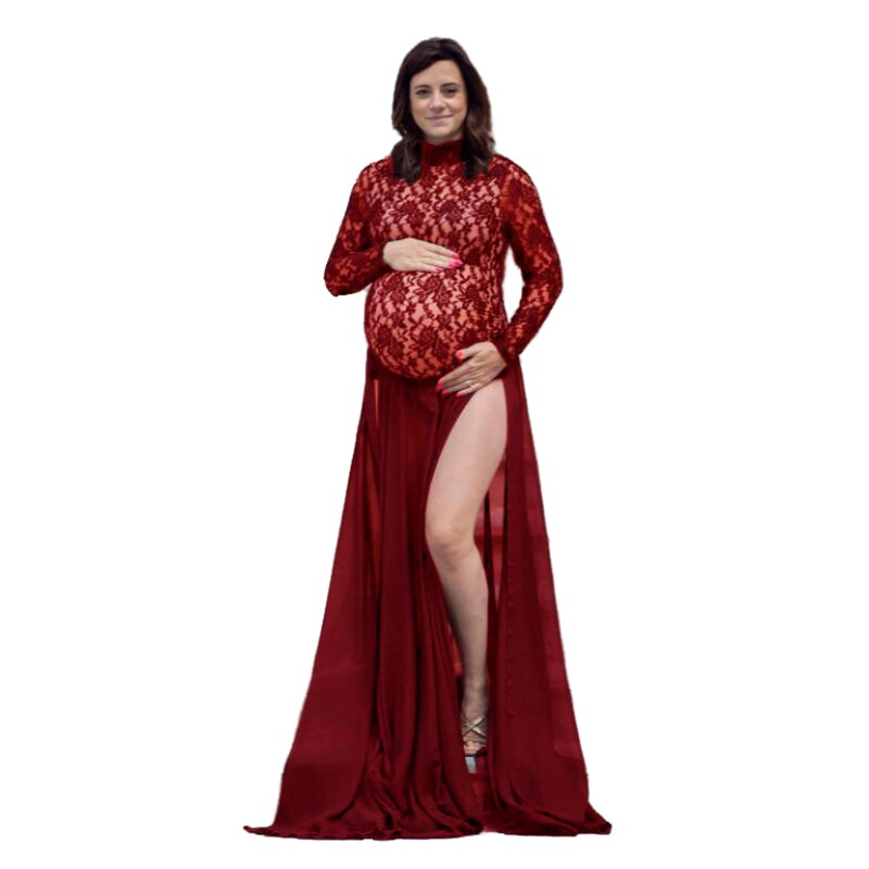 Guest Dressed-Lace Long Sleeve Maternity Dress with Two Slits