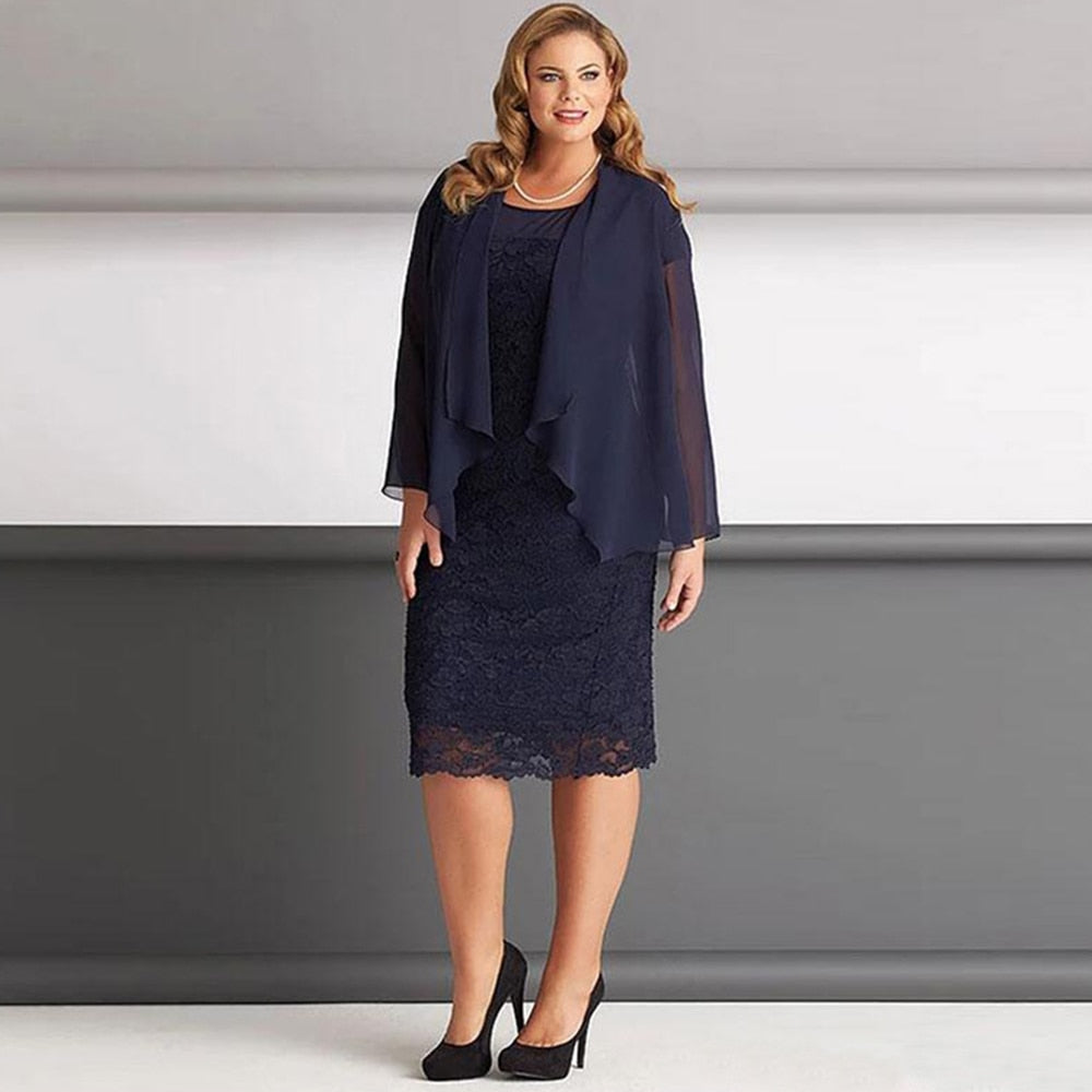 Guest Dressed-Navy Blue Mother of the Bride/Groom Dress O-Neck Long Sleeve Two Pieces Knee-Length