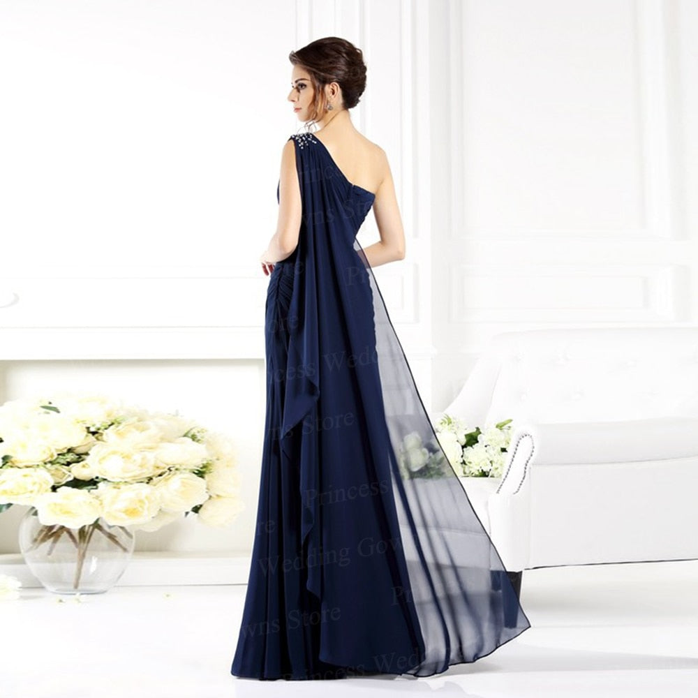 Guest Dressed-Navy Blue Floor Length One Shoulder Mother Of The Bride/Groom Dress