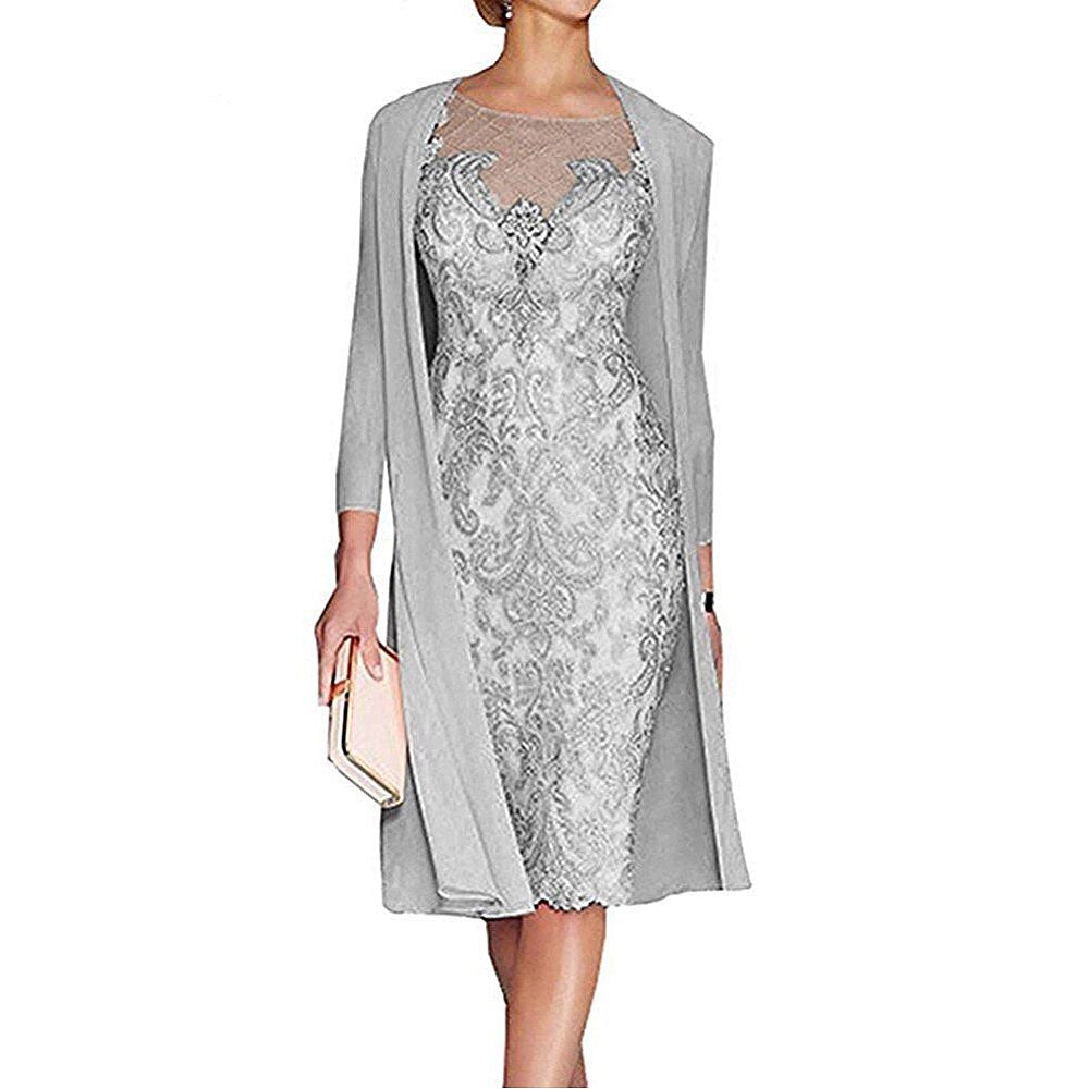 Guest Dressed-Two Piece Mother of The Bride / Groom Dress with Lace and Knee Length Jacket