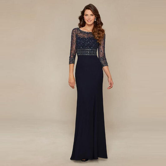 Guest Dressed-Navy Beaded Mother of the Bride / Groom Dress with Three Quarter Sleeves