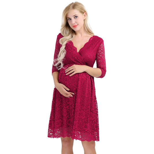 Guest Dressed-V-Neck Knee-Length Lace Maternity Dress