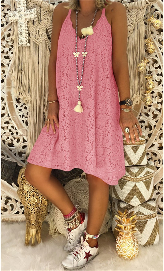 Guest Dressed-Lace Spaghetti Strap Boho Casual Dress in Pink, White, Black, or Red