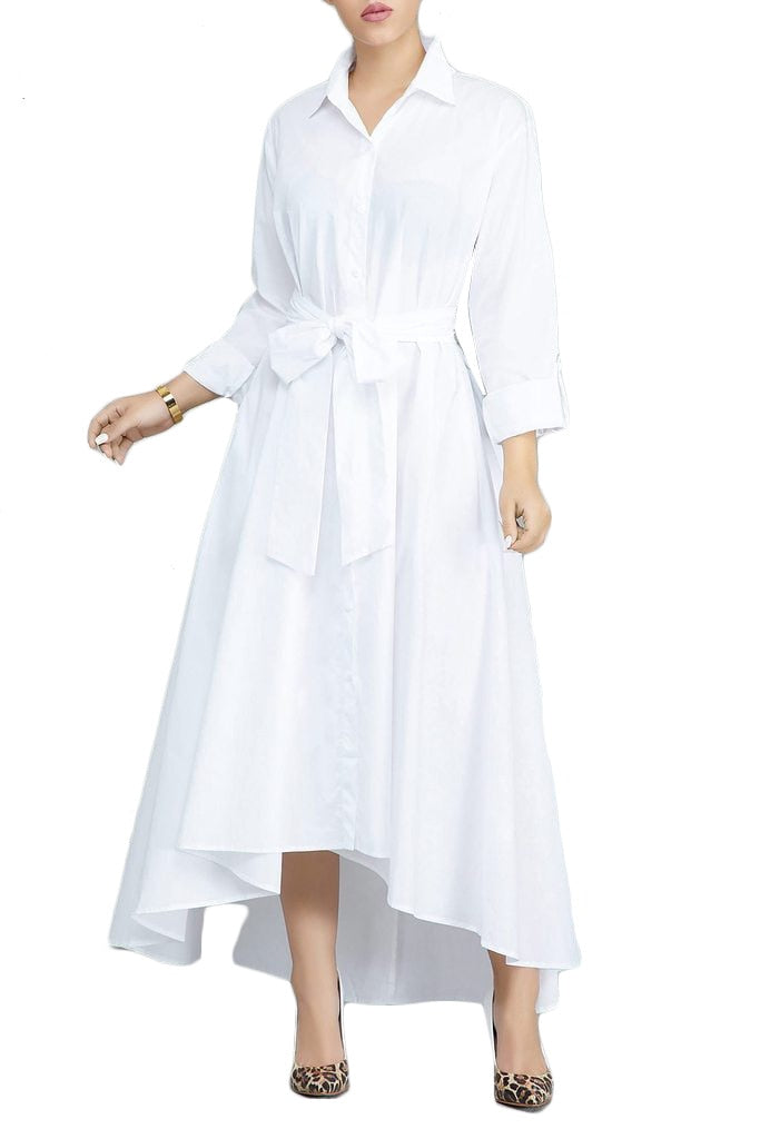 Long Shirt Dress with Turn-Down Collar, Buttons, Pocket, and Belt in Navy or White