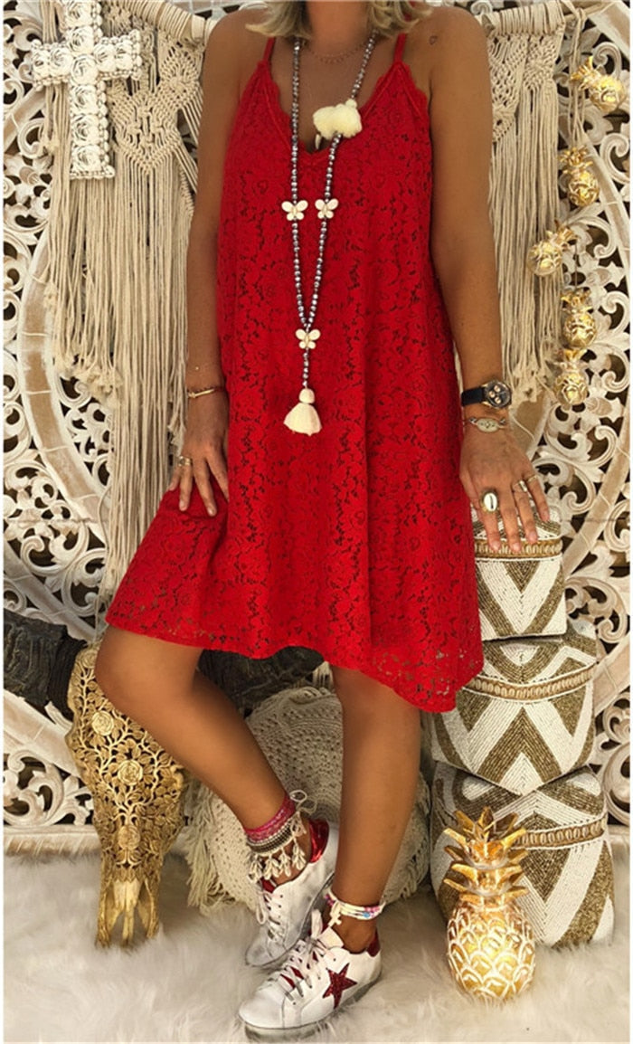 Guest Dressed-Lace Spaghetti Strap Boho Casual Dress in Pink, White, Black, or Red