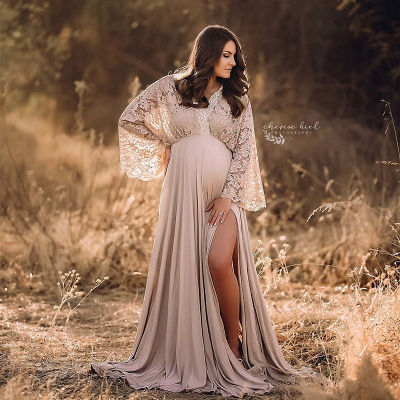 Guest Dressed-Boho Maternity Dress with Lace and Butterfly Sleeve