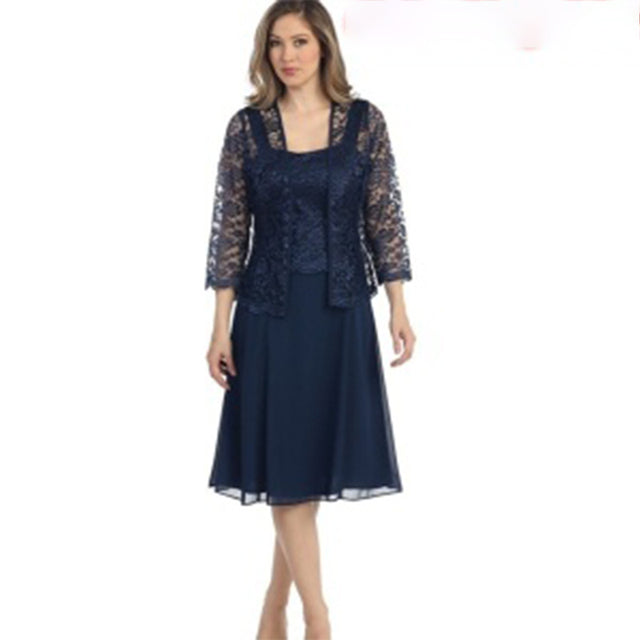 Guest Dressed-2-Piece Sheer 3 Quarter Sleeve Lace Dress for Mother of Bride/Groom