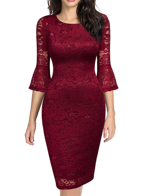 Guest Dressed-Mother of the Bride/Groom Bodycon Lace Dress with Flare Sleeves