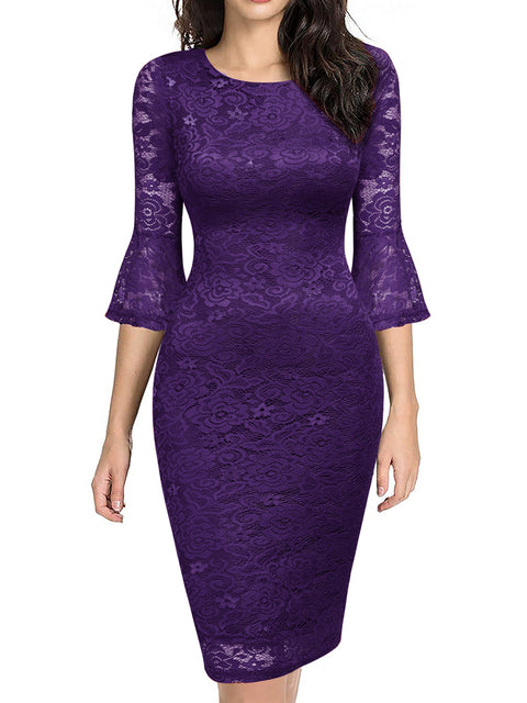 Guest Dressed-Mother of the Bride/Groom Bodycon Lace Dress with Flare Sleeves