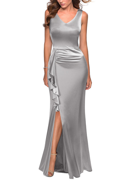 Guest Dressed-Mother of the Bride/Groom V Neck Dress with Ruffles and Slit