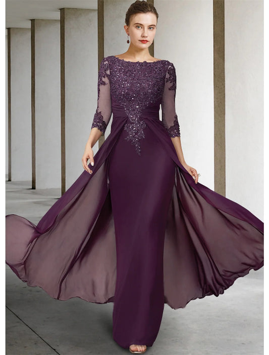 Guest Dressed-Column Mother of the Bride Dress Formal Gowns Elegant Sparkle Shine Jewel Neck Asymmetrical Floor Chiffon Lace 3/4 Length