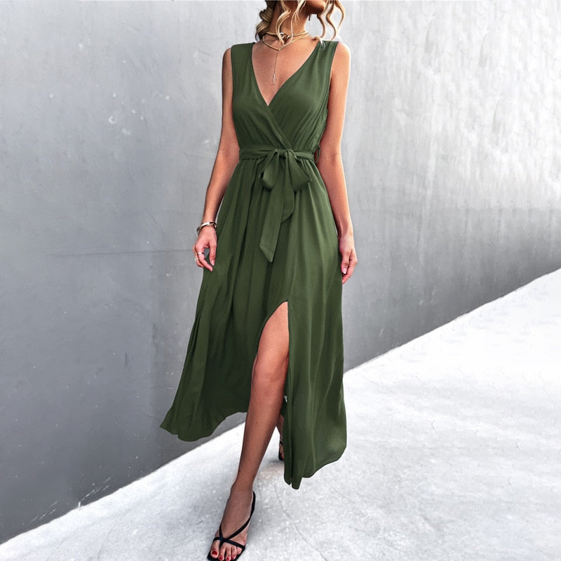 Guest Dressed-V-Neck Dress with Slit and Bow in Black, Red, Green, Rose or Blue