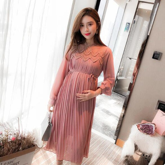 Guest Dressed-Pleated Long-Sleeve Dresses Maternity Dress