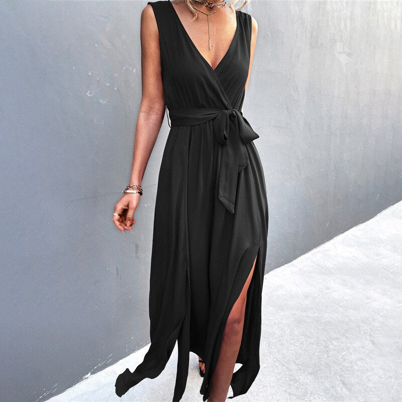 Guest Dressed-V-Neck Dress with Slit and Bow in Black, Red, Green, Rose or Blue