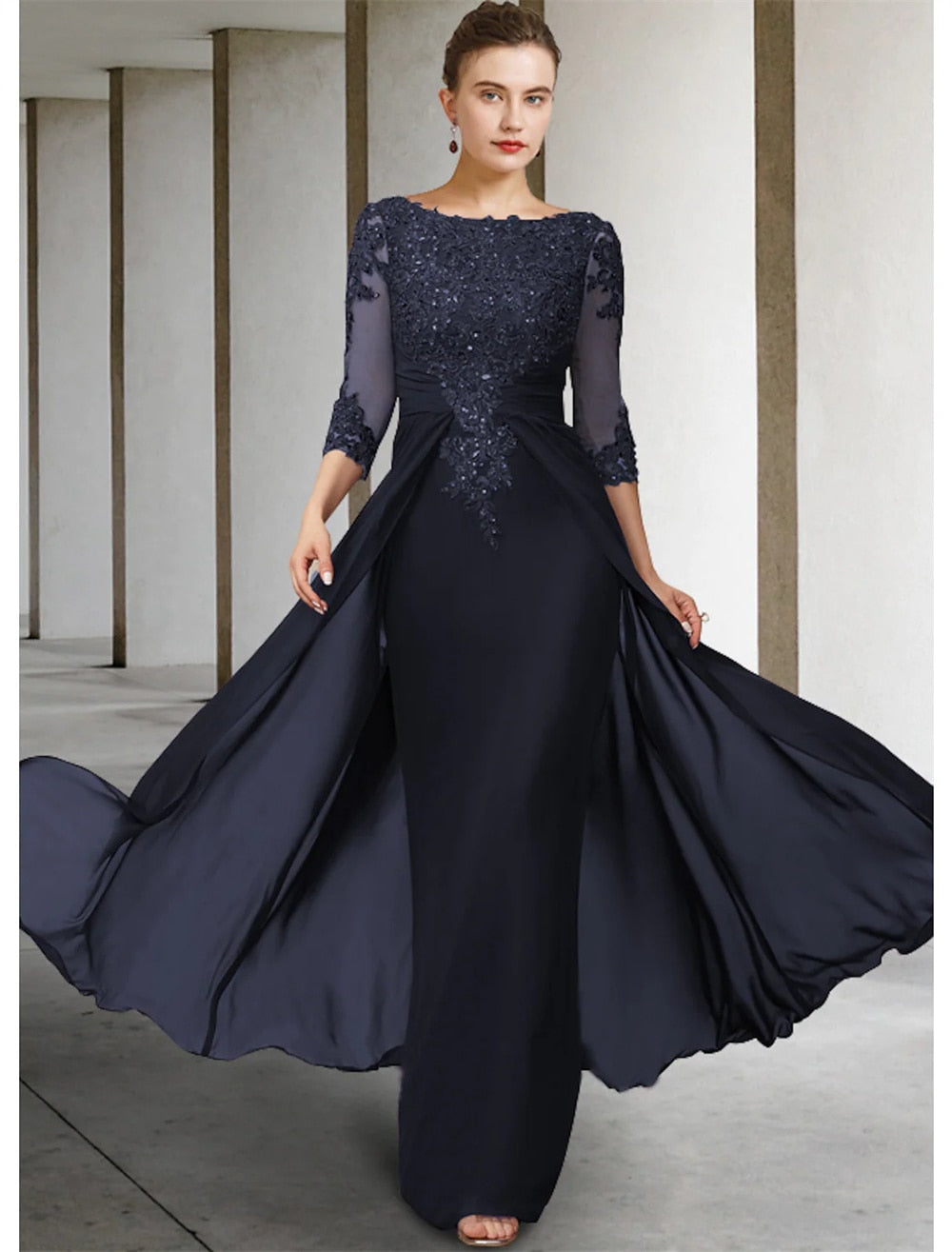 Guest Dressed-Column Mother of the Bride Dress Formal Gowns Elegant Sparkle Shine Jewel Neck Asymmetrical Floor Chiffon Lace 3/4 Length