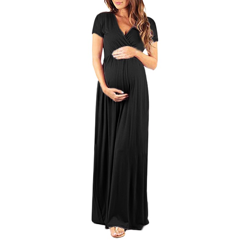Guest Dressed-Ankle Length V-Neck Maternity Dress in Navy Blue, Black or Pink